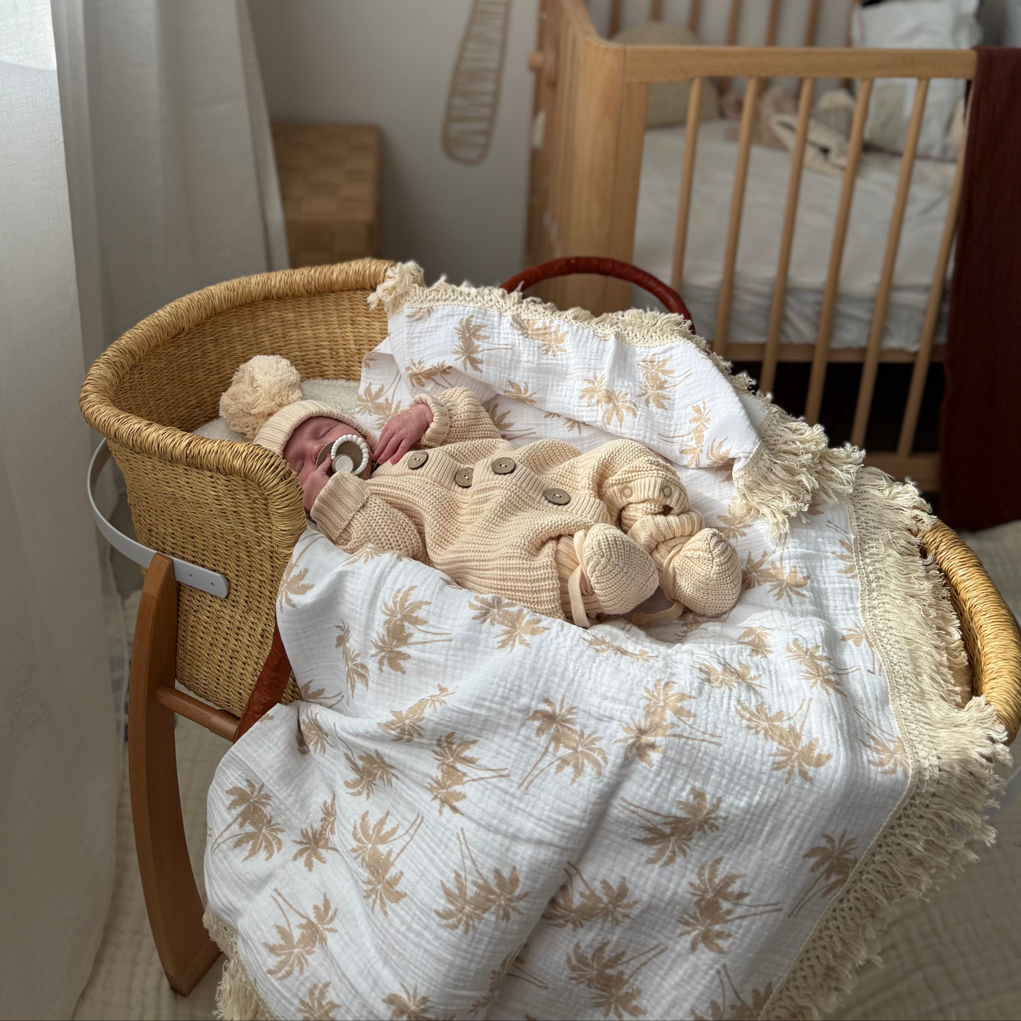 Fringe Swaddle Blanket - Palm