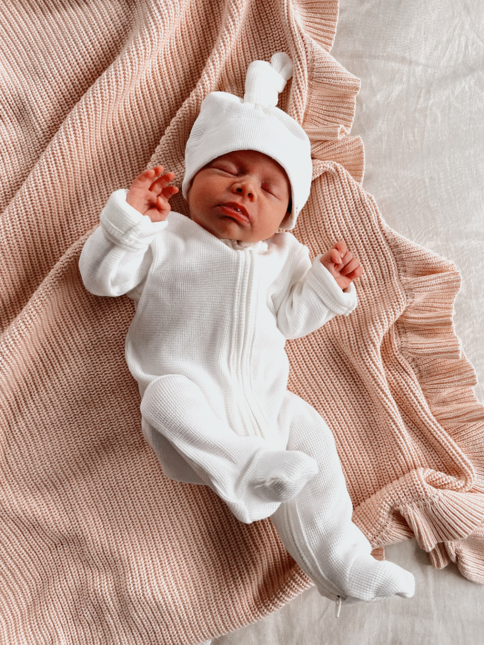 My First Outfit Footed Overalls and Beanie Set Powder White